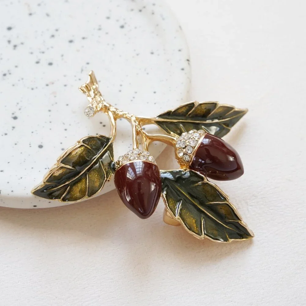 Vintage Style Enameled Acorn Brooch